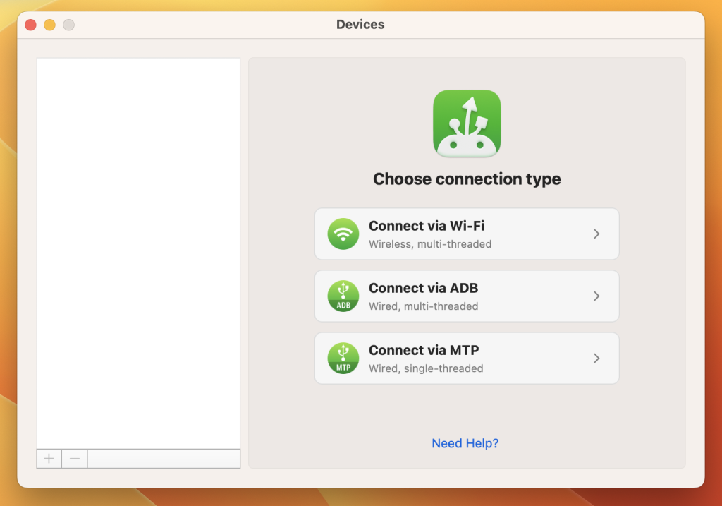 MacDroid interface and connection modes.