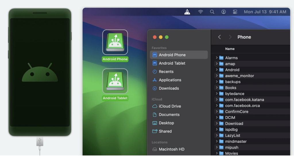 MacDroid app showing Fairphone mounted as an external drive in macOS Finder