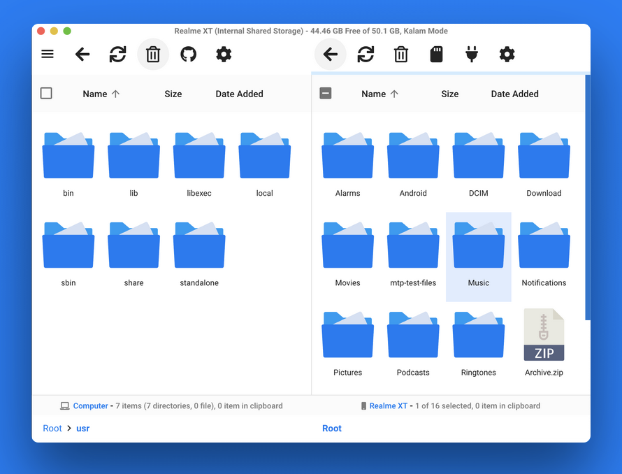 OpenMTP interface with dual-pane view - Mac files on the left, Fairphone storage on the right